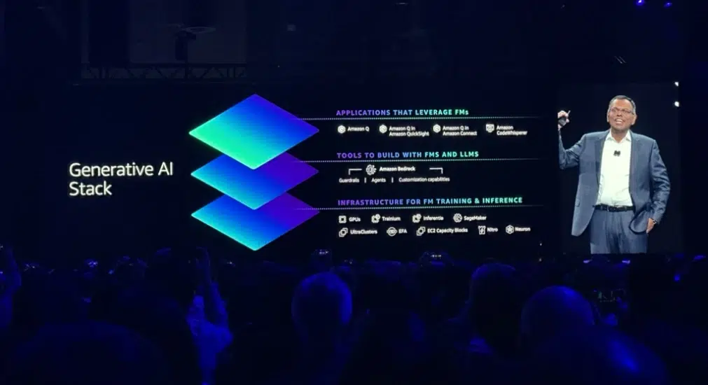 Swami Sivasubramanian, vice-président des données et de l'IA chez AWS, lors de sa présentation à la conférence AWS re:Invent 2023.