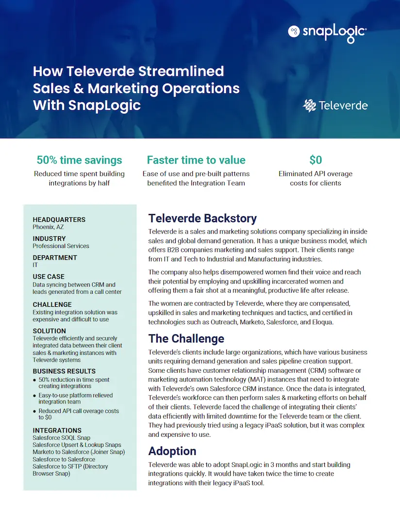 How Televerde Streamlined Sales & Marketing Operations With SnapLogic case study preview