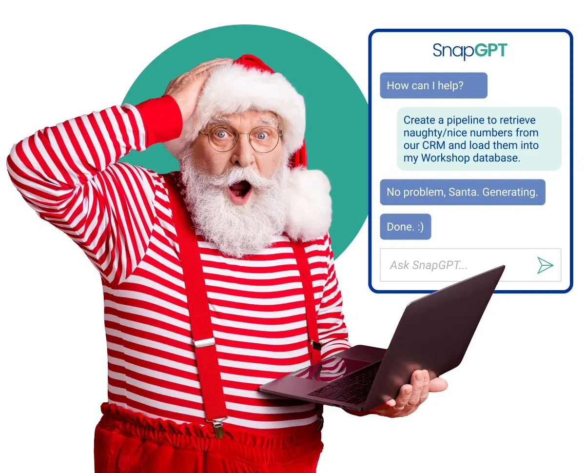 Le Père Noël utilise SnapGPT de SnapLogic pour créer un pipeline qui récupère les numéros de vilains et de gentils du CRM et les charge dans la base de données de son atelier.