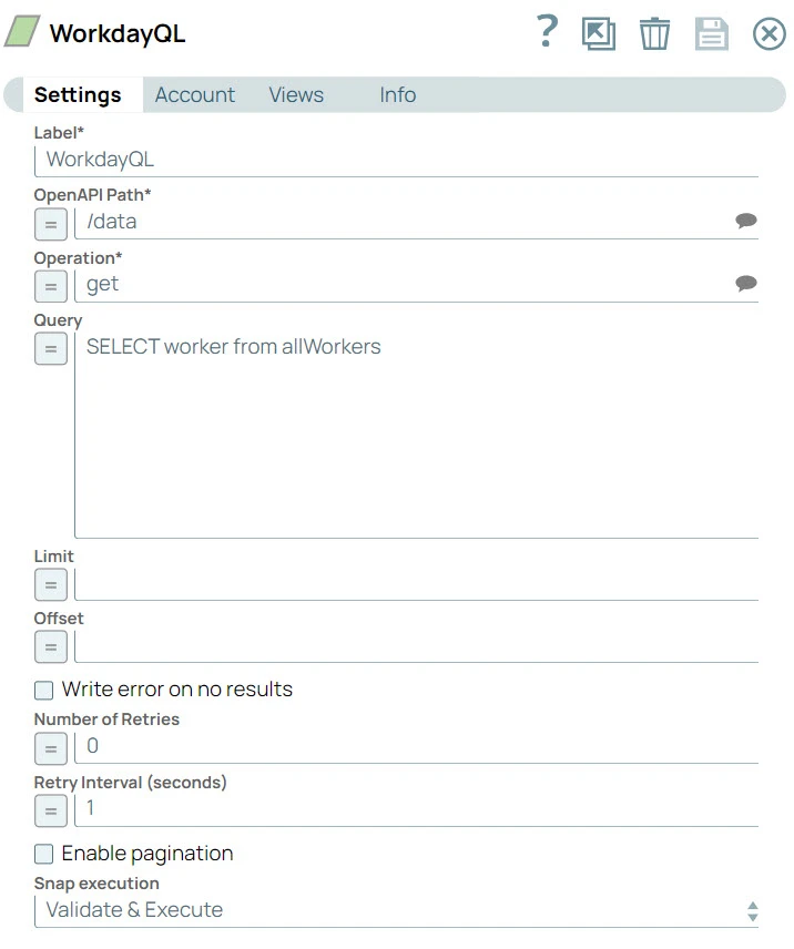 Workday Query Language Snap allows you to easily retrieve data from specific API endpoints