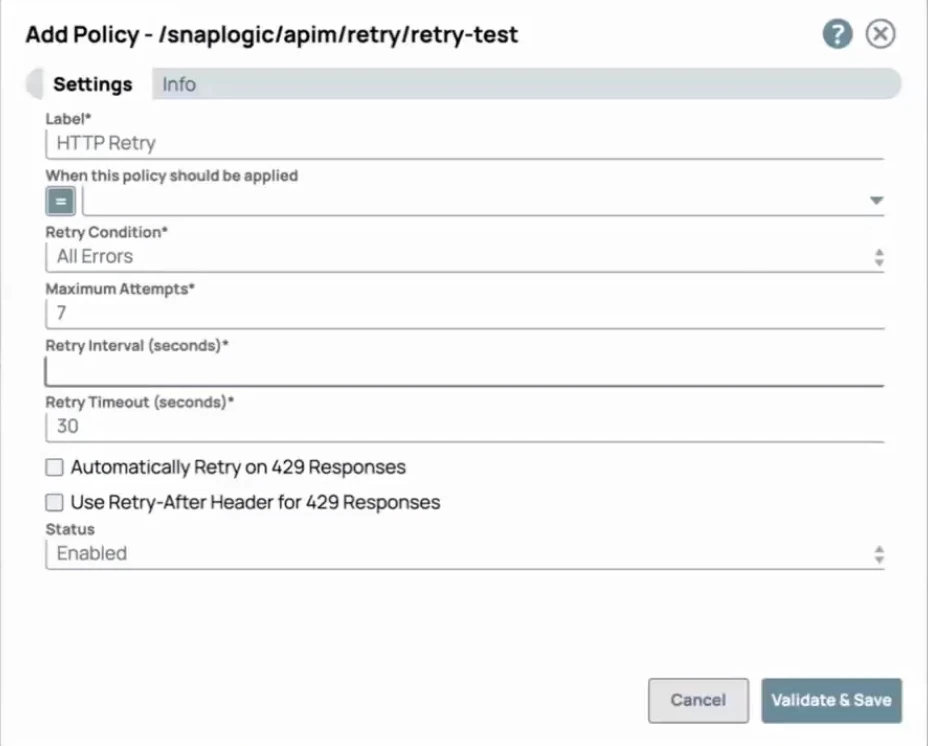 API retry policy allows you to specify retry interval, timeout, and maximum number of attempts