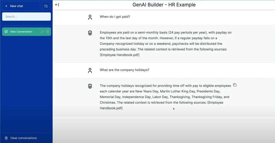 Le chatbot RH construit avec GenAI Builder de SnapLogic s'appuie sur le manuel de l'employé propriétaire de l'entreprise pour répondre aux questions.