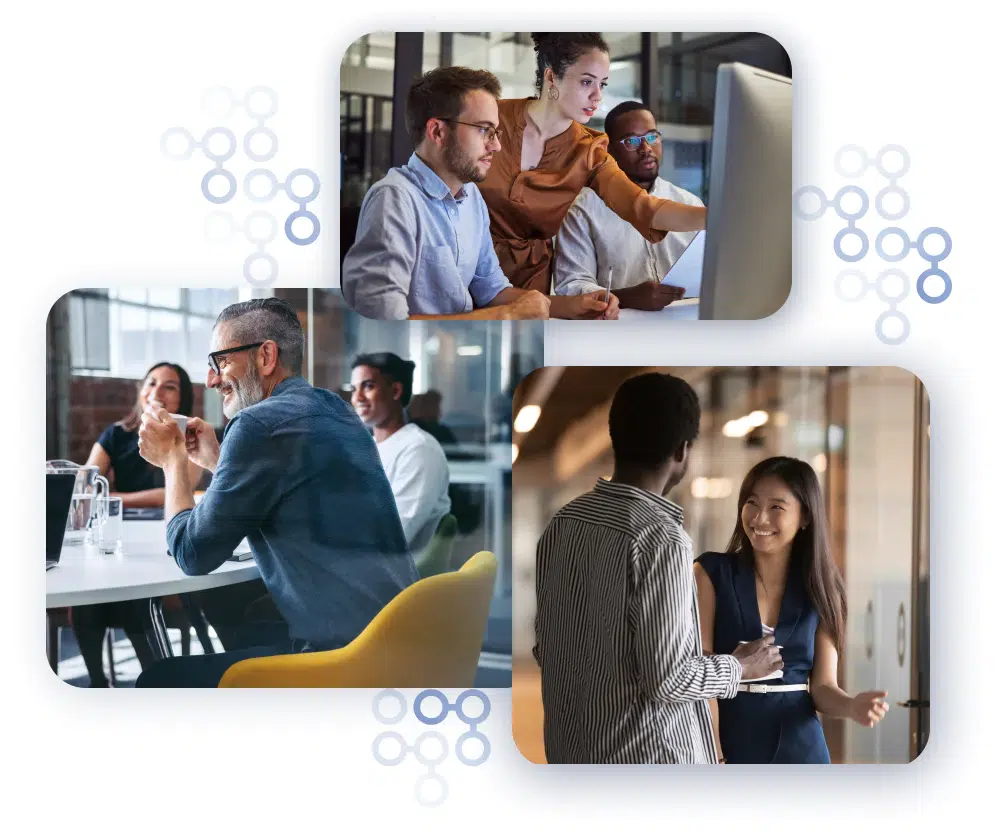 grid of photos with workers interacting