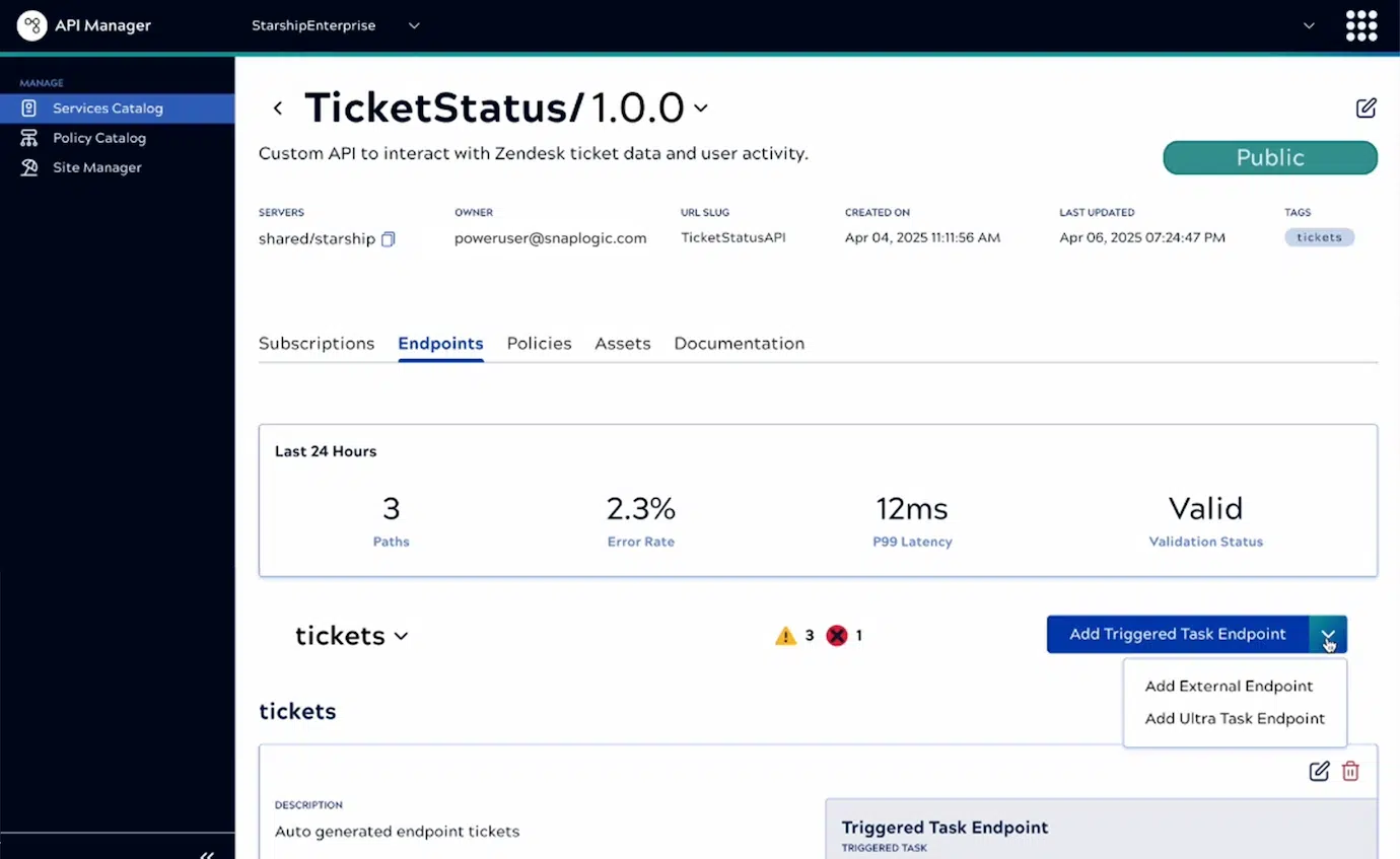 Services catalog within the API Manager