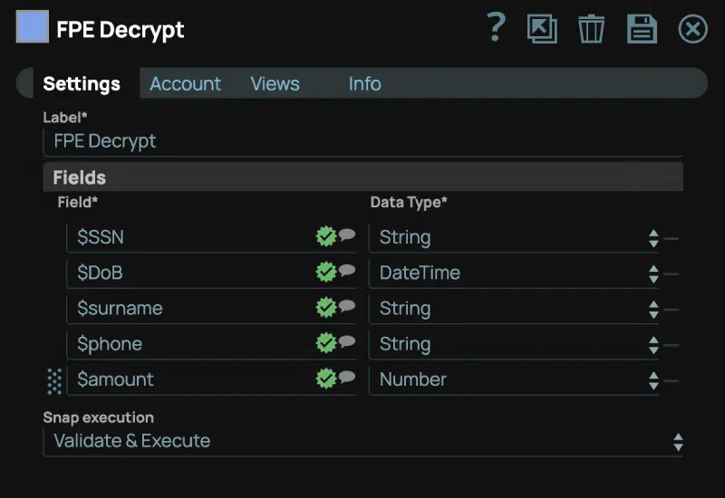 FPE Decrypt Snap Settings Page: Select fields to be decrypted, and choose the associated data types