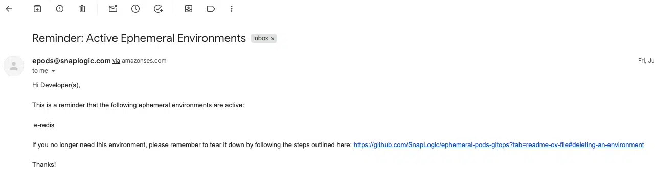 Email notification reminder for active ephemeral environments