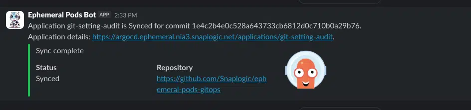 Slack notification from ephemeral pods bot