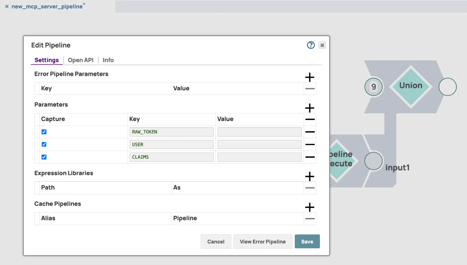 Modifica della schermata "Pipeline del server MCP" in SnapLogic