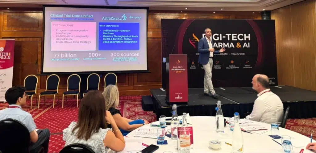 Dominic Wellington on Stage at Digi-Tech Pharma Event 2026 discussing work with AstraZeneca