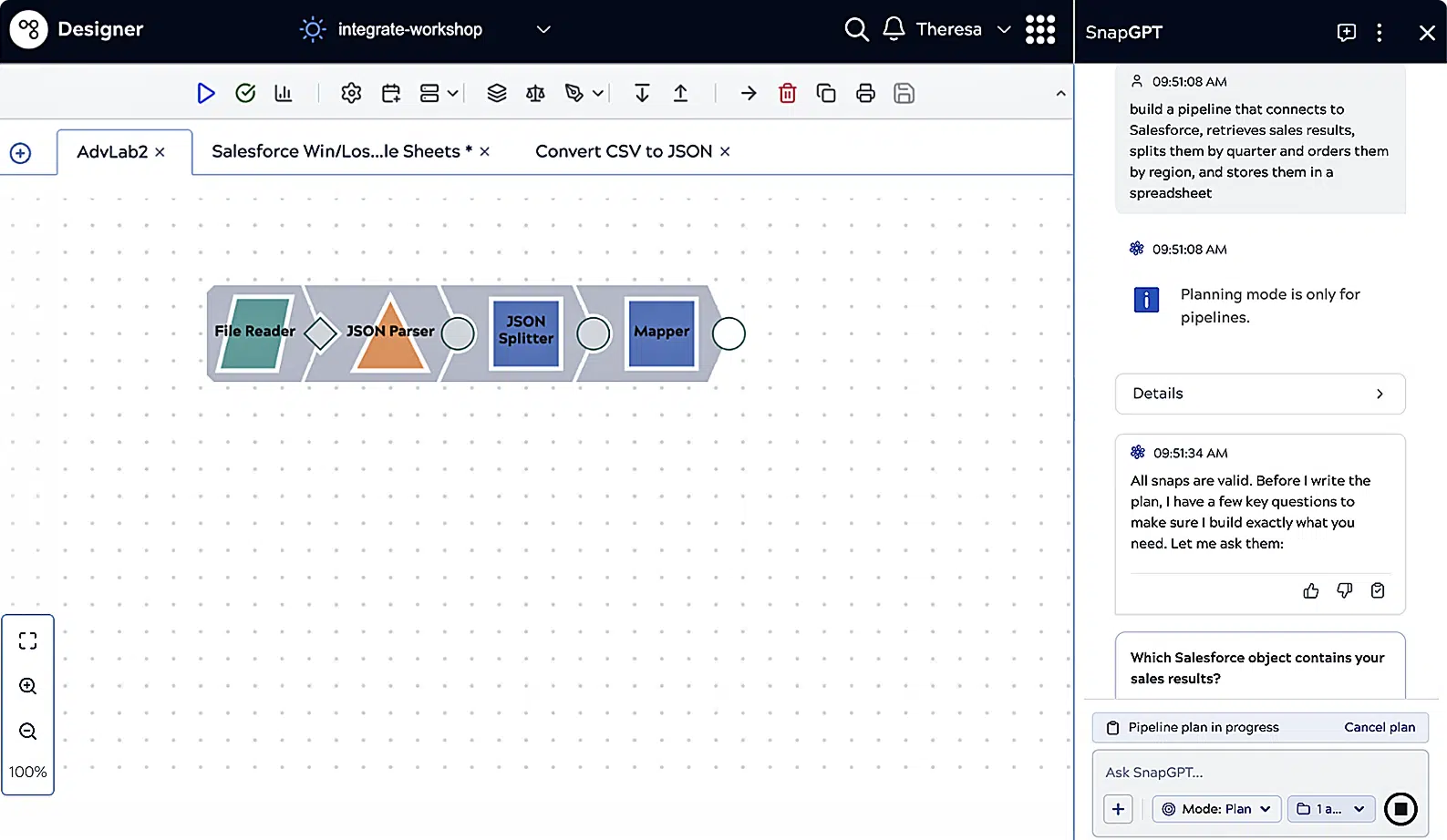 SnapLogic platform designer with pipeline and SnapGPT chat window