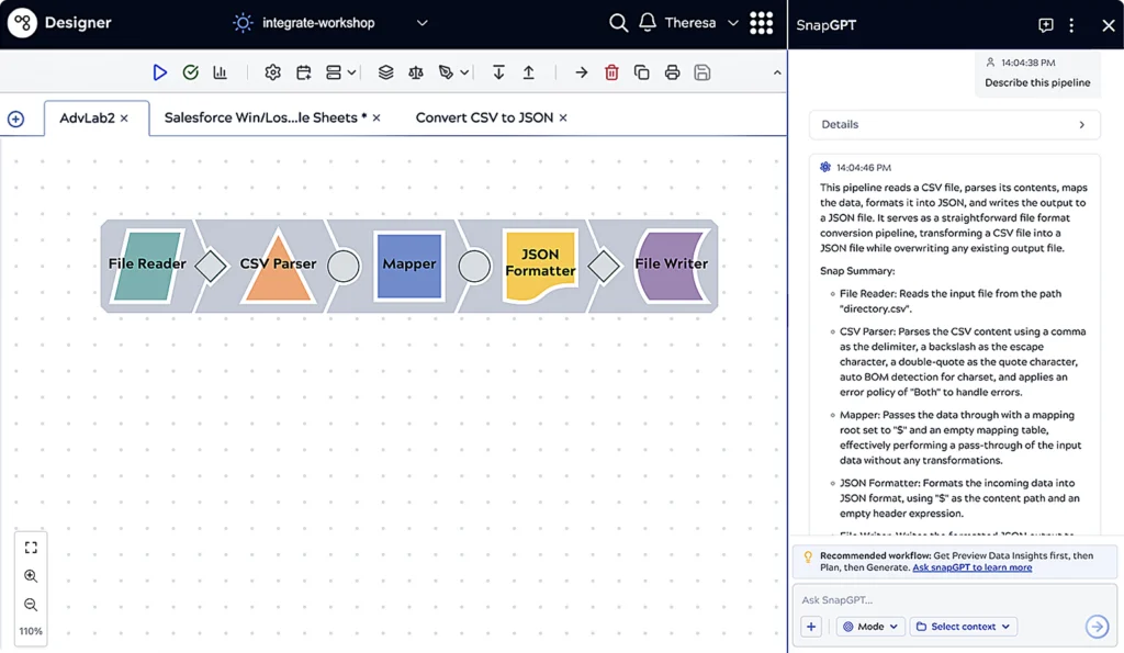 SnapLogic platform showing a pipeline in the designer with SnapGPT describing it