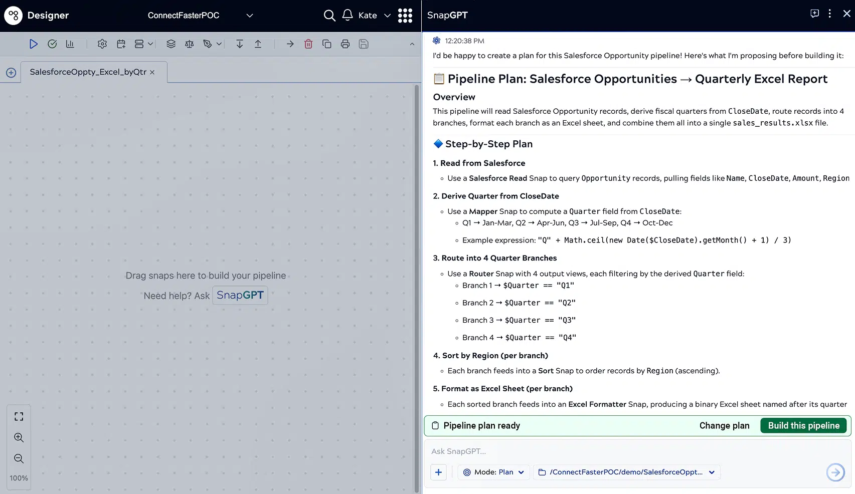 plateforme SnapLogic plateforme le mode « plan » dans SnapGPT