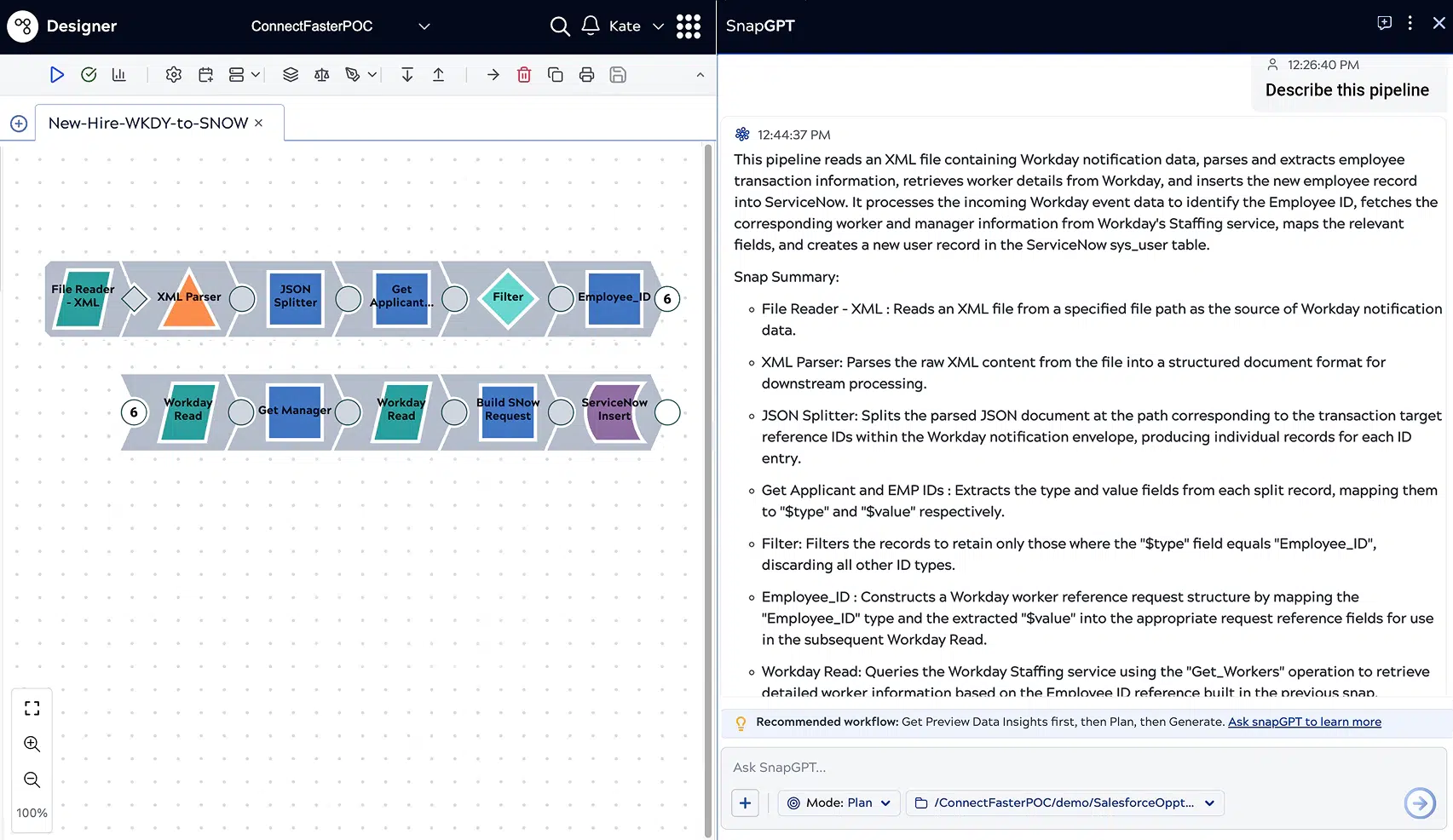 plateforme SnapLogic plateforme un pipeline dans l'éditeur, accompagné d'une description fournie par SnapGPT