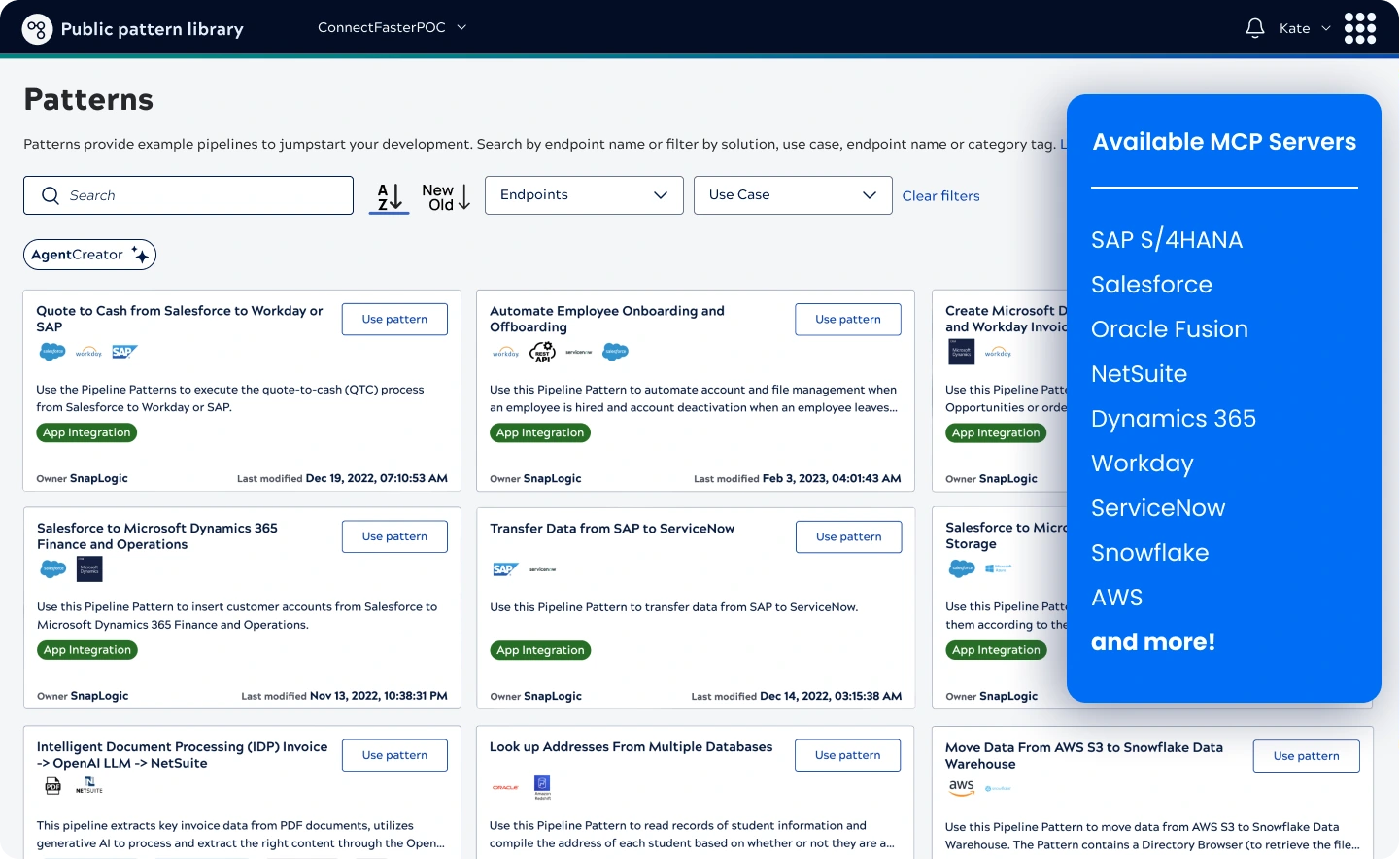 Public pattern library and pre-built MCP tools list in the SnapLogic platform